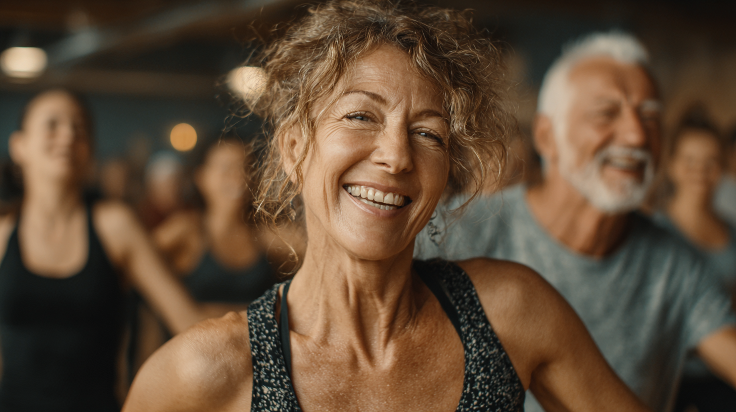 Група літніх людей займається фітнесом у світлому залі