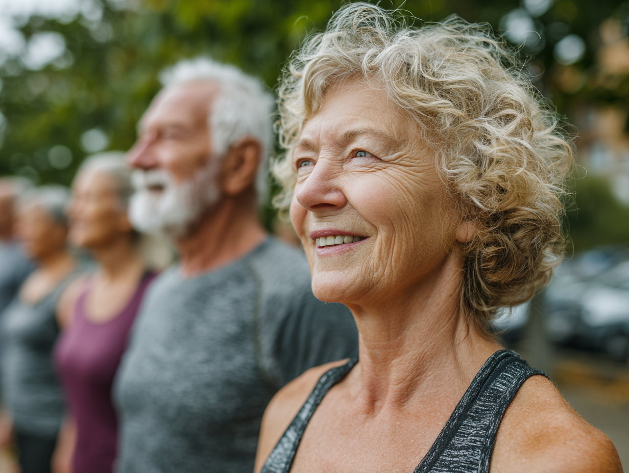 Літня пара виконує вправи на свіжому повітрі з посмішками